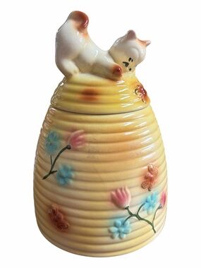 1950’s Vintage Ceramic Beehive Cookie Jar with Playful Cat - Yellow Floral